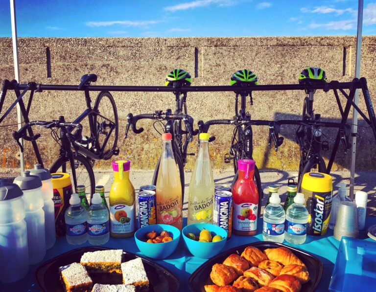 Cyclist Helmet and Cycles and Snacks Table