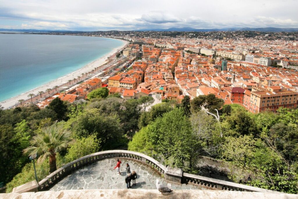 Aerial view of seaside city with red rooftops