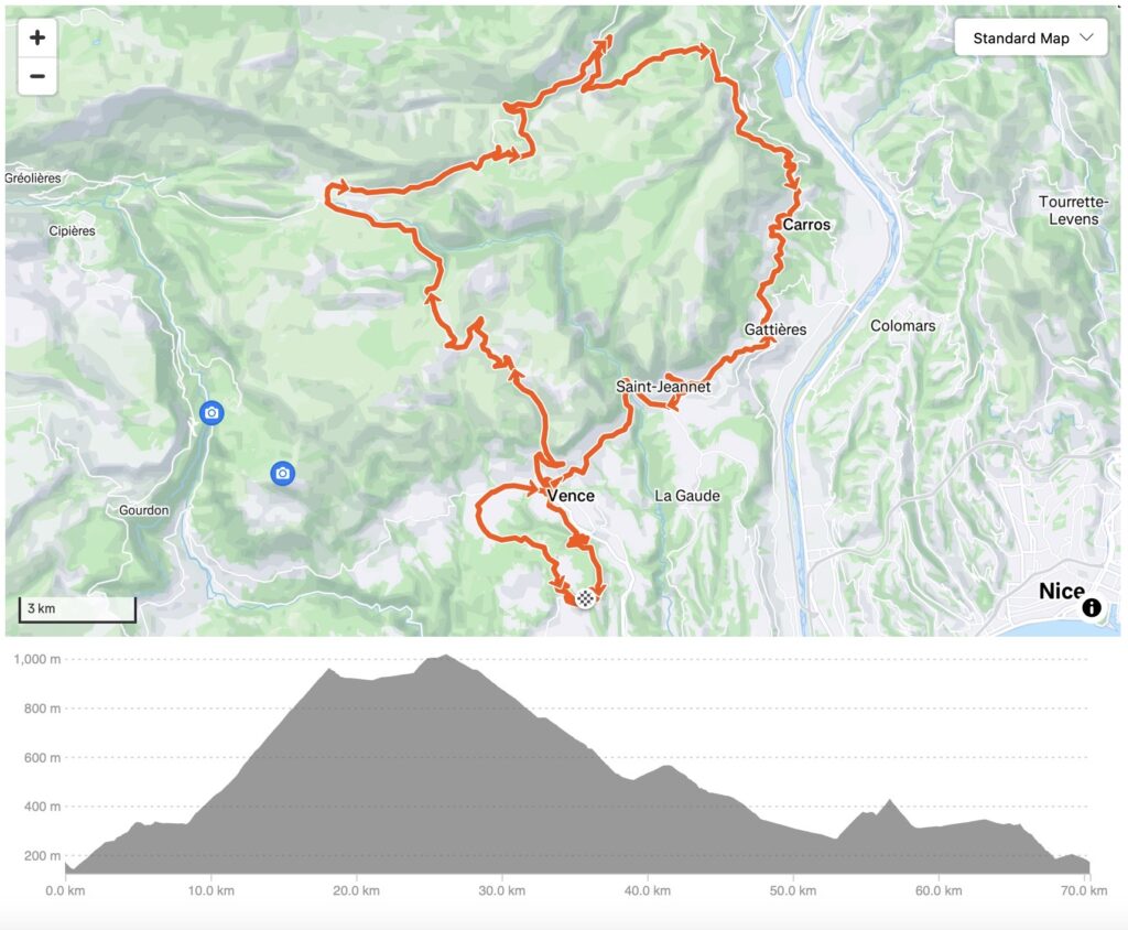 Map showing cycling route with elevation profile