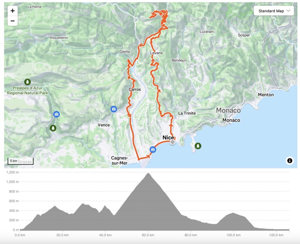 Map showing route from Nice with elevation profile