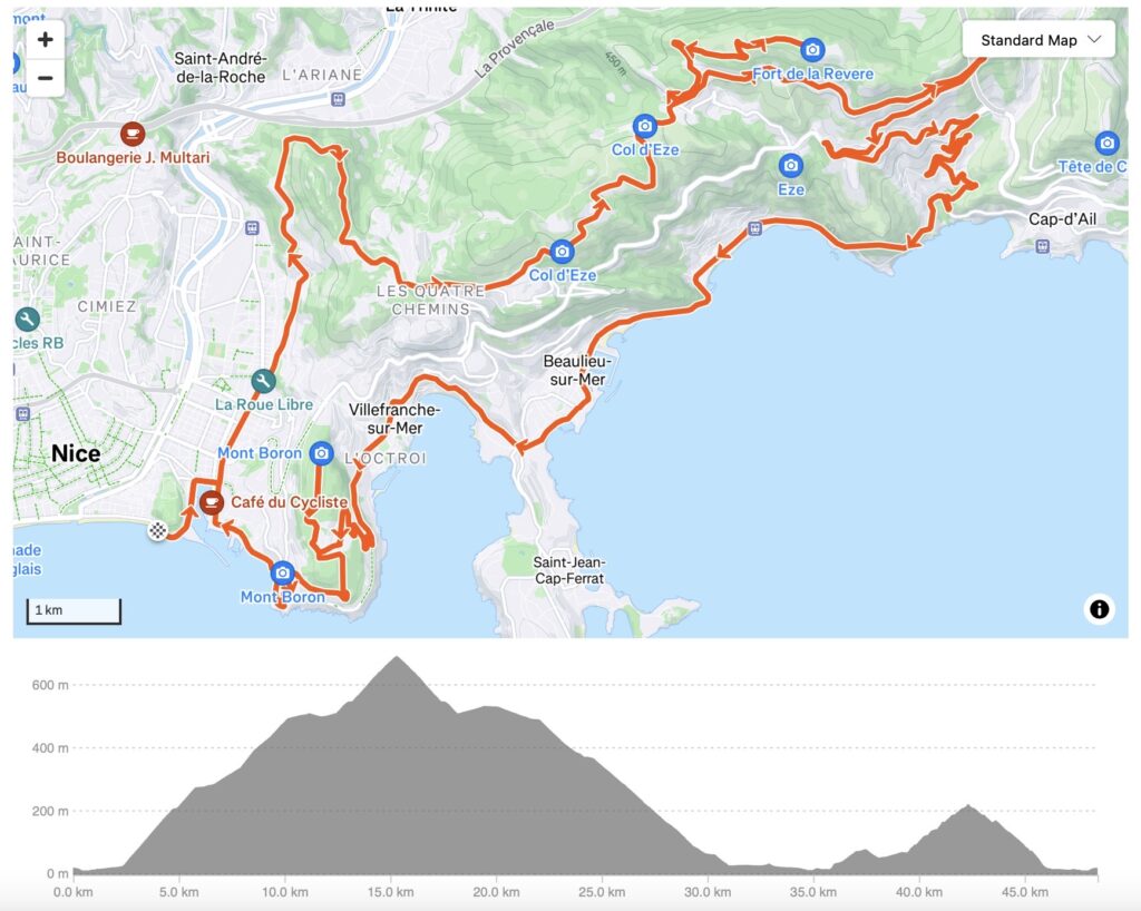 Route around Nice with single high climb