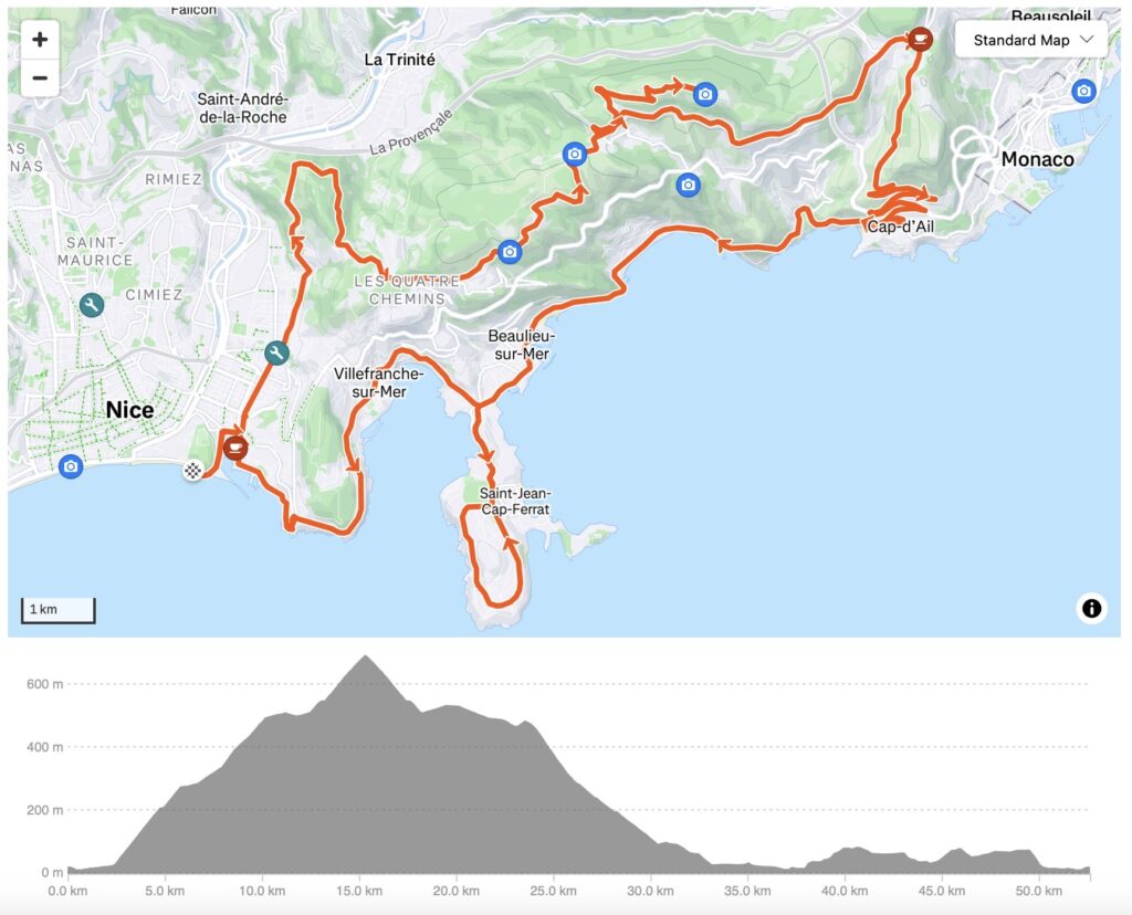 Cycling route map along Nice coastline with profile
