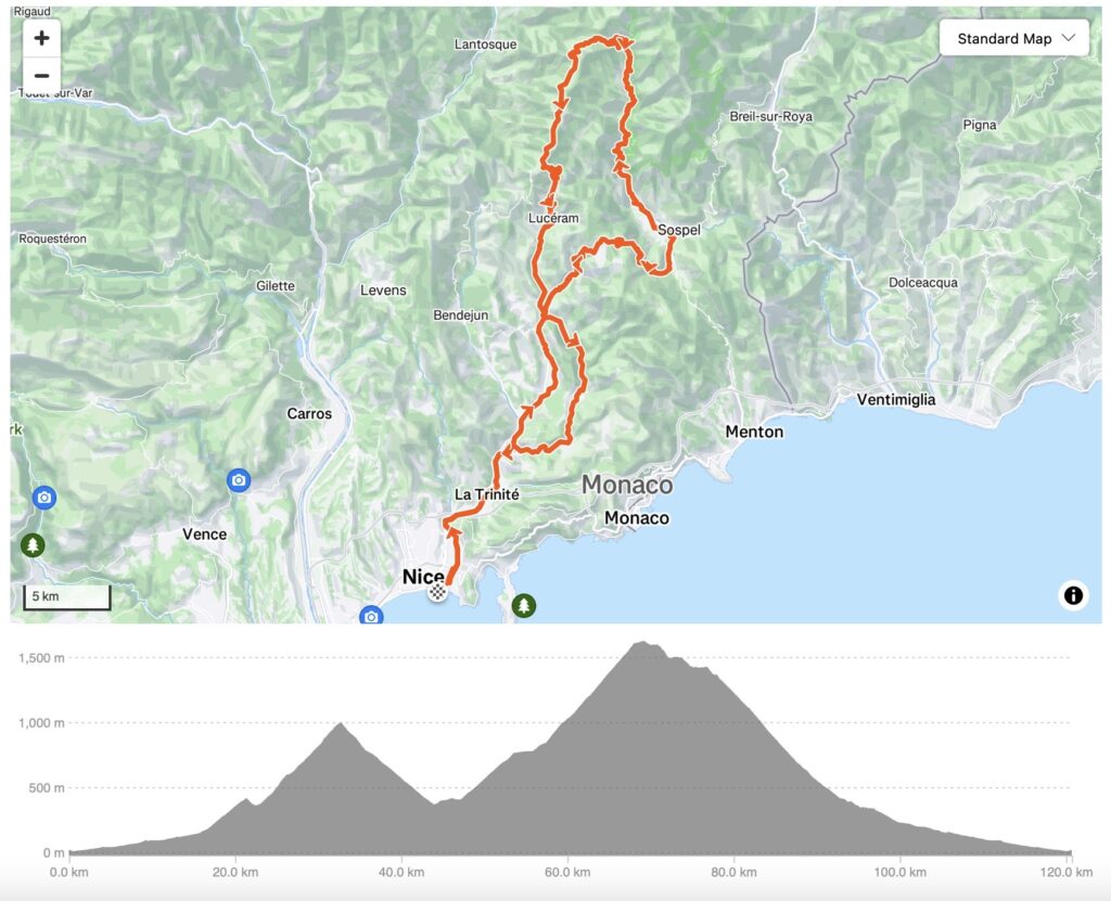 Cycling route map near Nice and Monaco