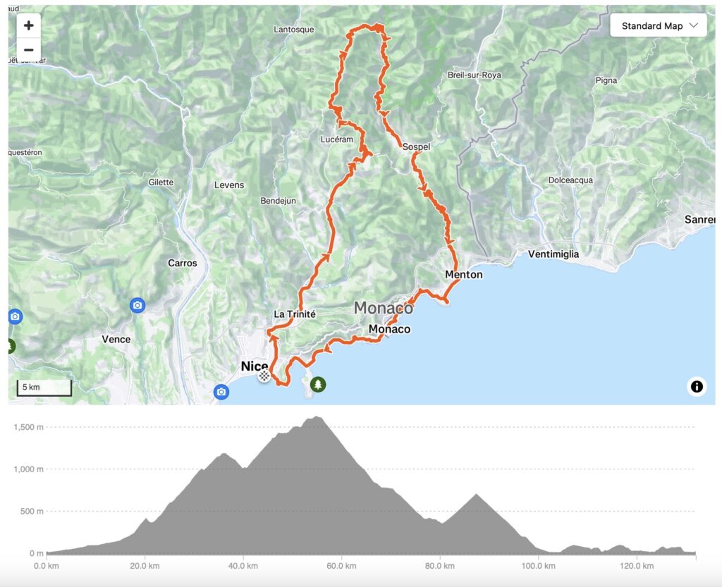 Nice to Menton cycling map and elevation