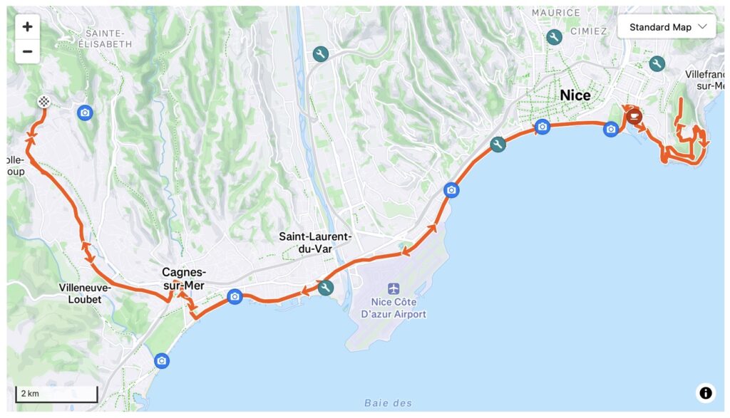 Map of coastal route near Nice, France
