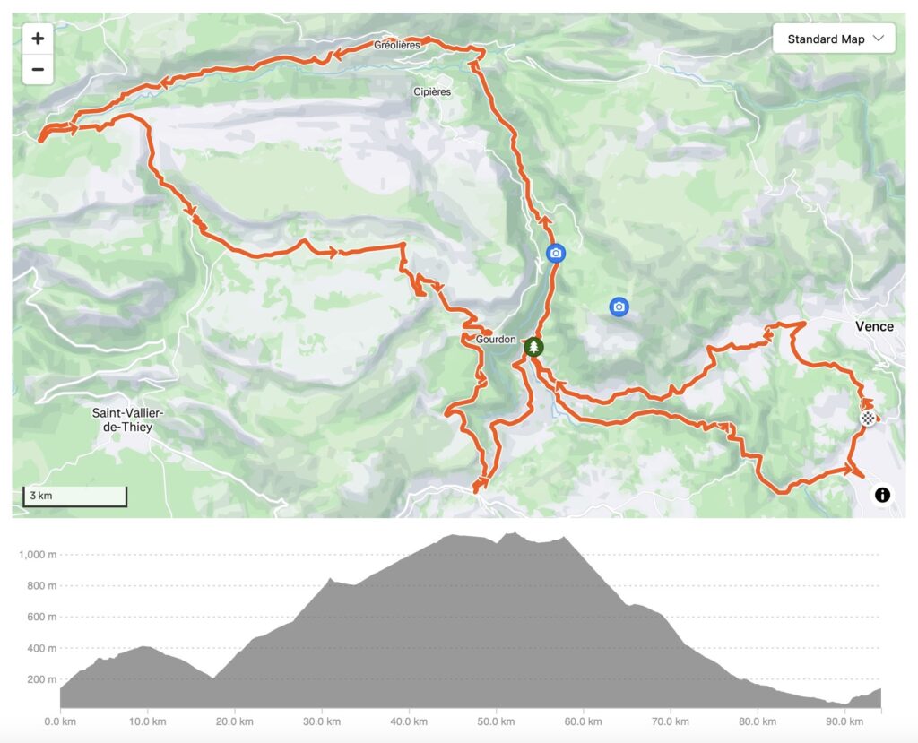Topographic map with cycling route and elevation