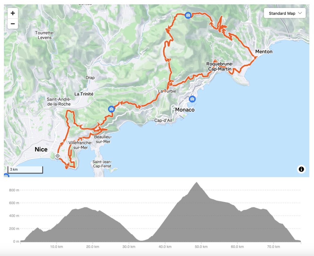 Monaco coastal loop with elevation chart