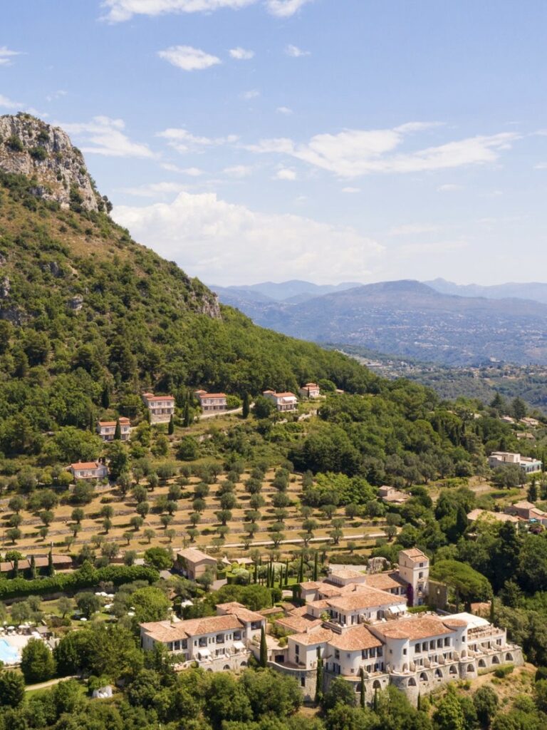 Aerial view of hillside villas and olive groves