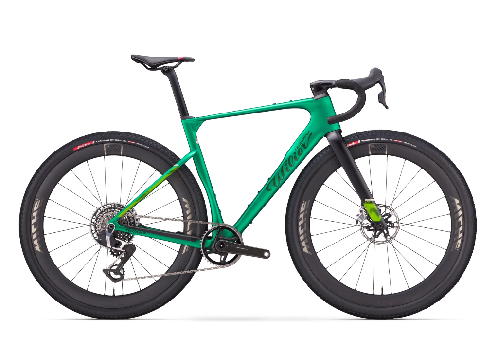 Sleek green bicycle with modern design features.